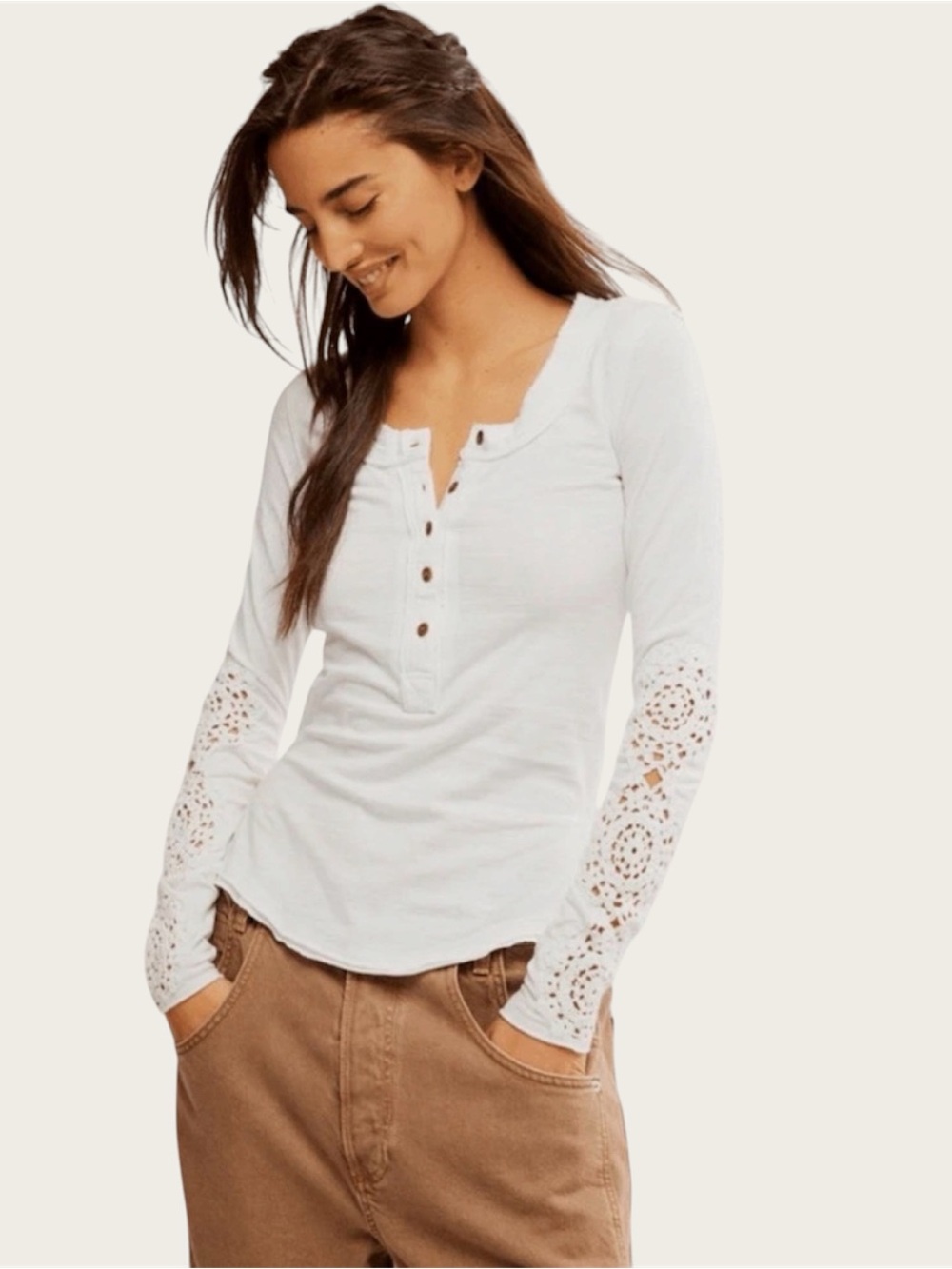 Free People Our Song Henley Cuff in Ivory Long Sleeve Crotchet Top Boho Small